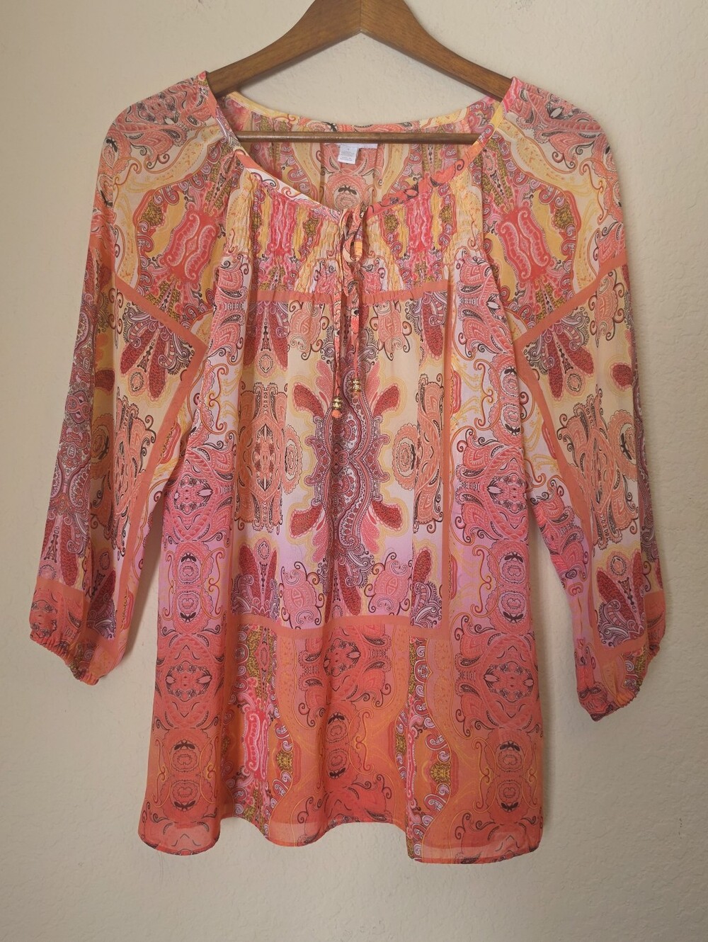 Charter Club Peasant Top Womens Small Pink Yellow Paisley Old Money Blouse